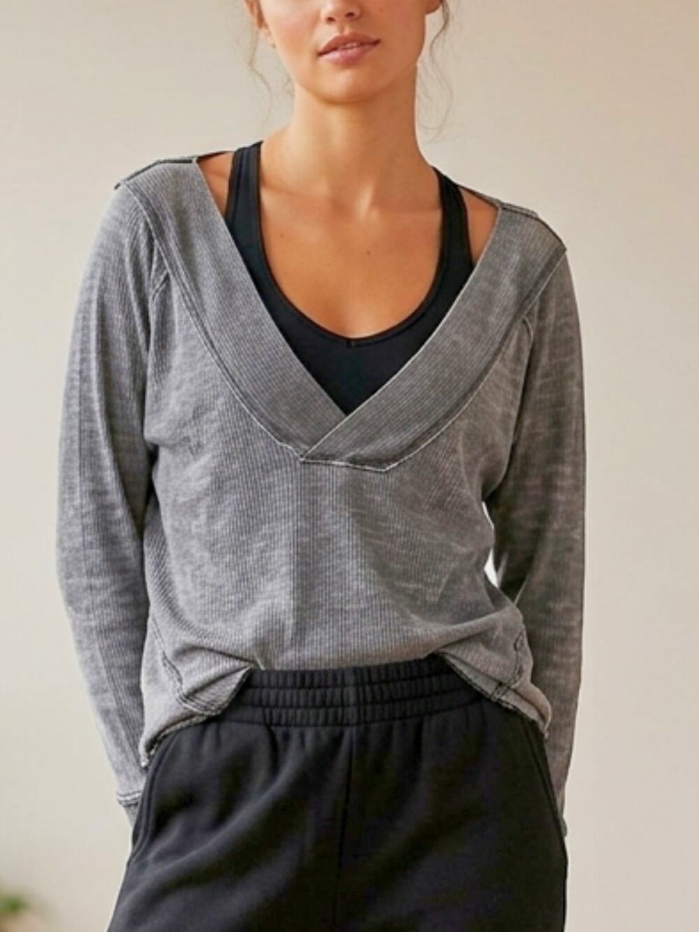 Free People We The Free Oceanview Gray Thermal Top M Distressed Boho